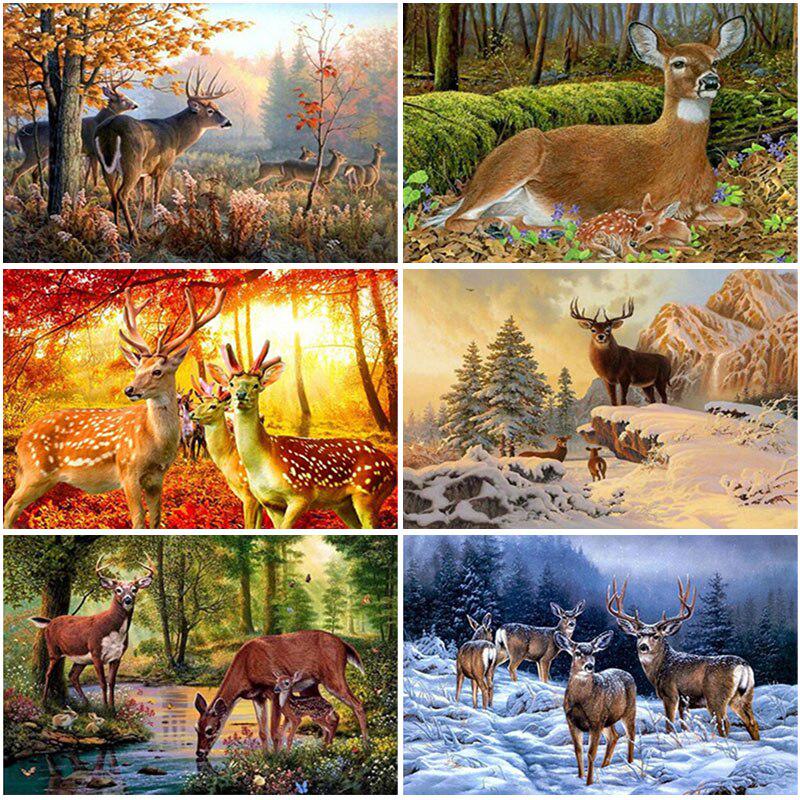 Вышивка крестиком олени, лани в разное время года лето/осень/зима/весна