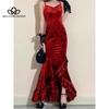 Сексуальное высококачественное бархатное вечернее платье во французском стиле с принтом на бретельках, элегантное облегающее длинное красное банкетное вечернее платье с разрезом на бедрах