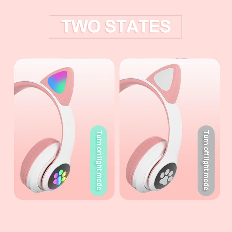 Вспышка-лампа, милые кошачьи уши, наушники Bluetooth5.0, стерео с микрофоном, поддержка TF-карты, беспроводные детские наушники для девочек, подарок на день рождения