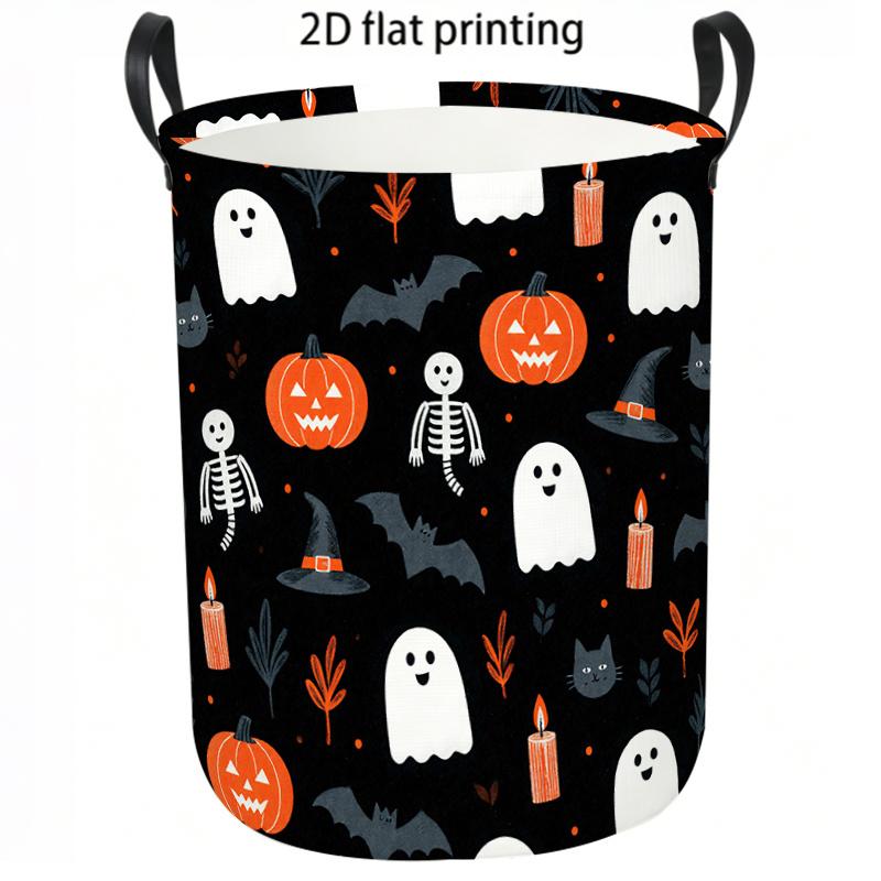 1pc Laundry Basket, Pumpkin Ghost Pattern Hamper, Portable Foldable Organizer Bin with Handles for Casual Home Organization, Decorative Storage Basket