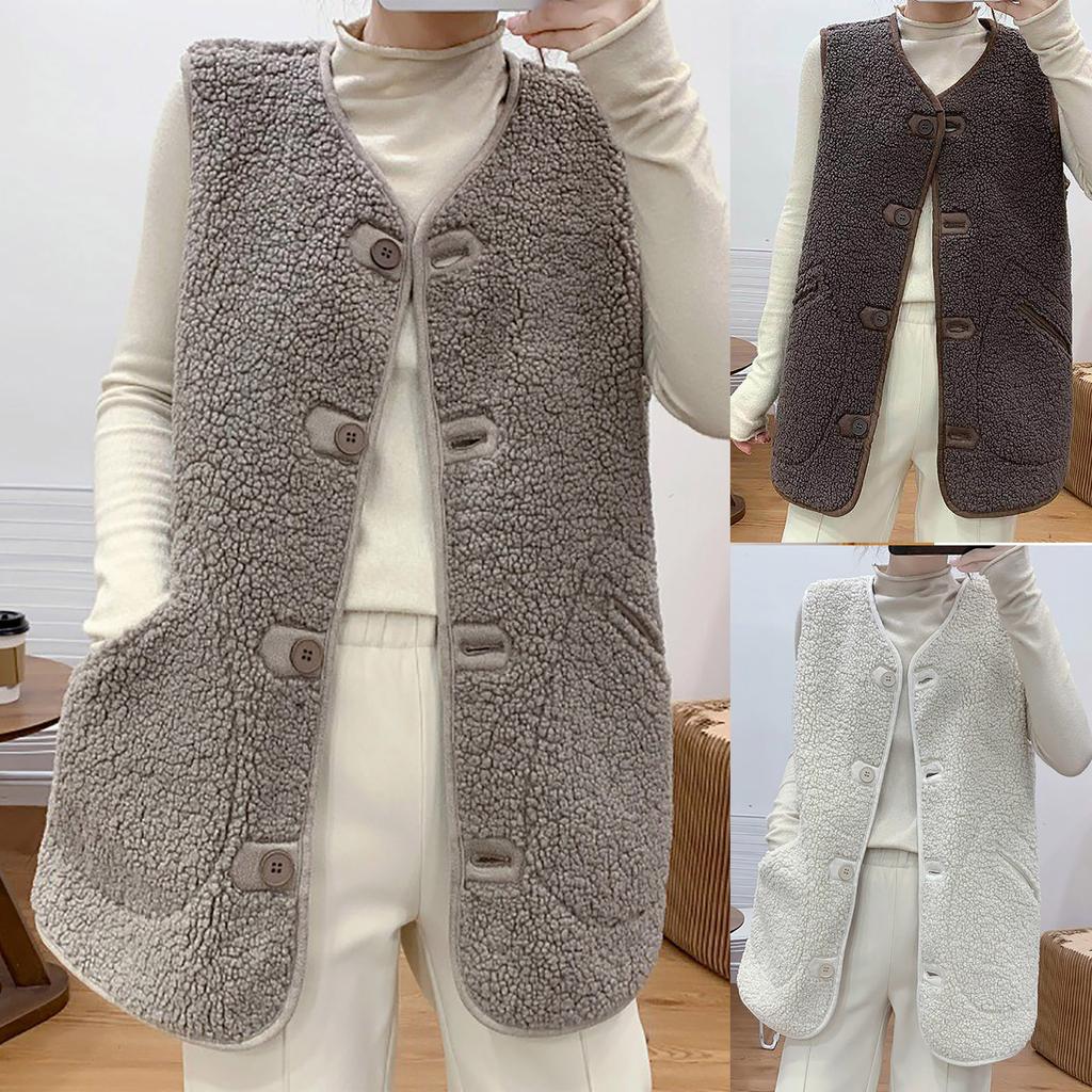 Women Pocket Vest Coat  Jacket Winter Sleeveless Fleece Button Solid Outerwear