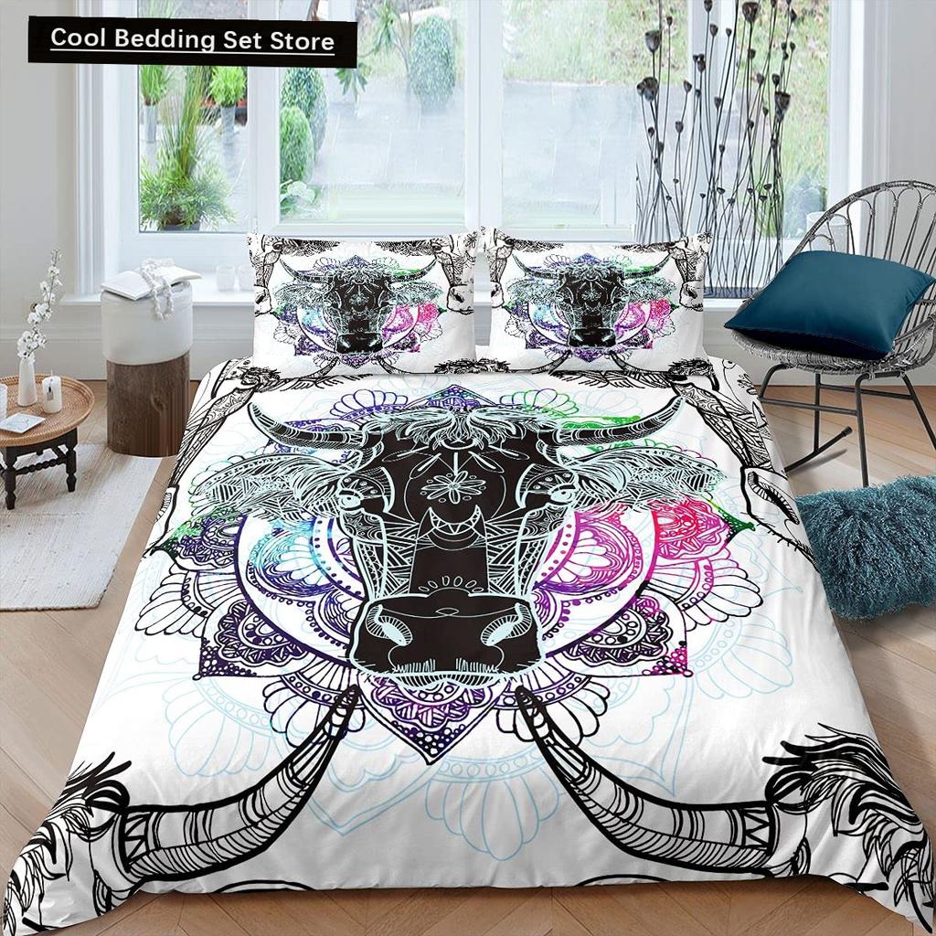 Highland Cow Flower King Queen Duvet Cover Cattle Rose Bedding Set Western Animal Comforter Cover Farmhouse Bull Quilt Cover