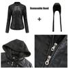 Women's Removable Hooded Faux Leather Jacket Motocross Racer Biker Double Zip Slim PU Motorcycle Short Moto Coat Classic Bomber Outerwear S-4XL