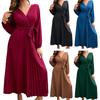 Cross V-neck Lantern Long Sleeve Waist Strap A-Line Autumn Dress Simple Pure Color