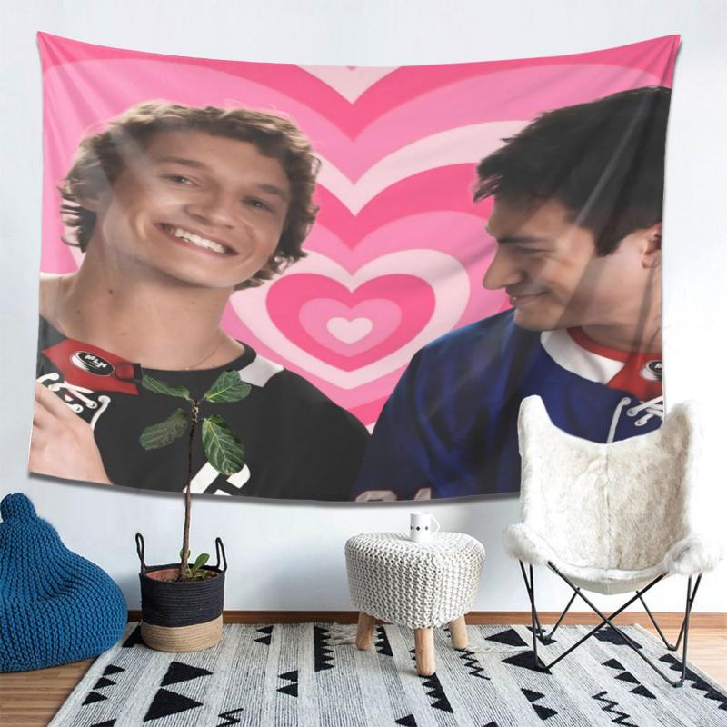 VIKAMA Hockey Couple Pink Heart Tapestry Sweet Romantic Wall Hanging For Bedroom Gaming Room And Sports Fan Spaces Decor