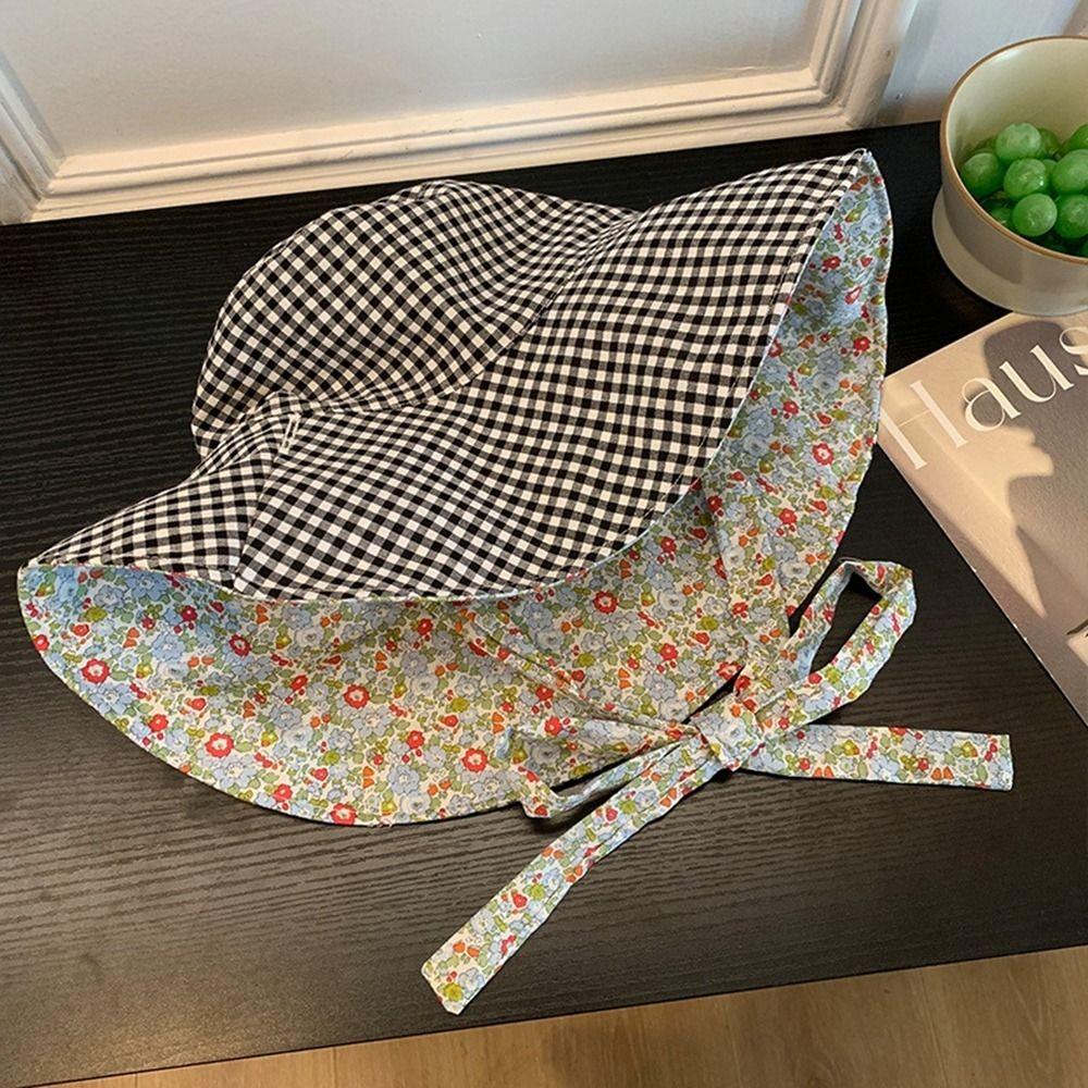 Sun Protection Drawstring Sun Hat Floral Heart Printed Bucket Hat Plaid Hiking Cap Mountaineering