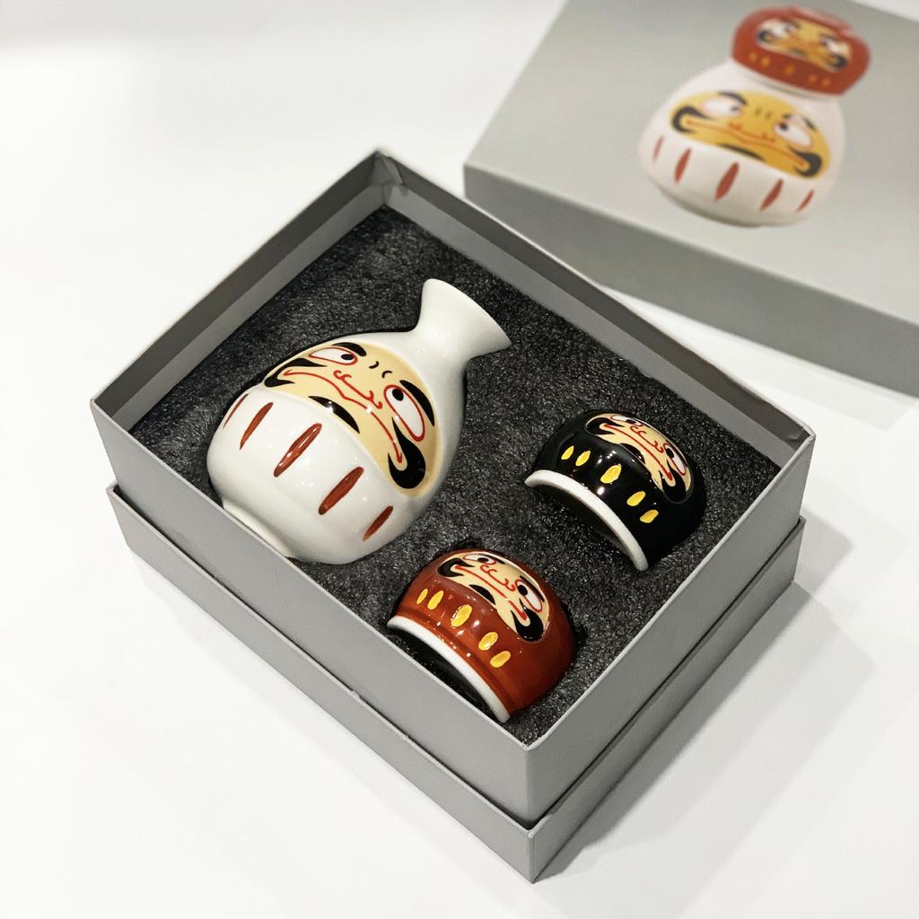 Japanese Sake Set Hand Painted Daruma 1 Pot 2 Cups Ceramic Liquor Gift Box Retro Style