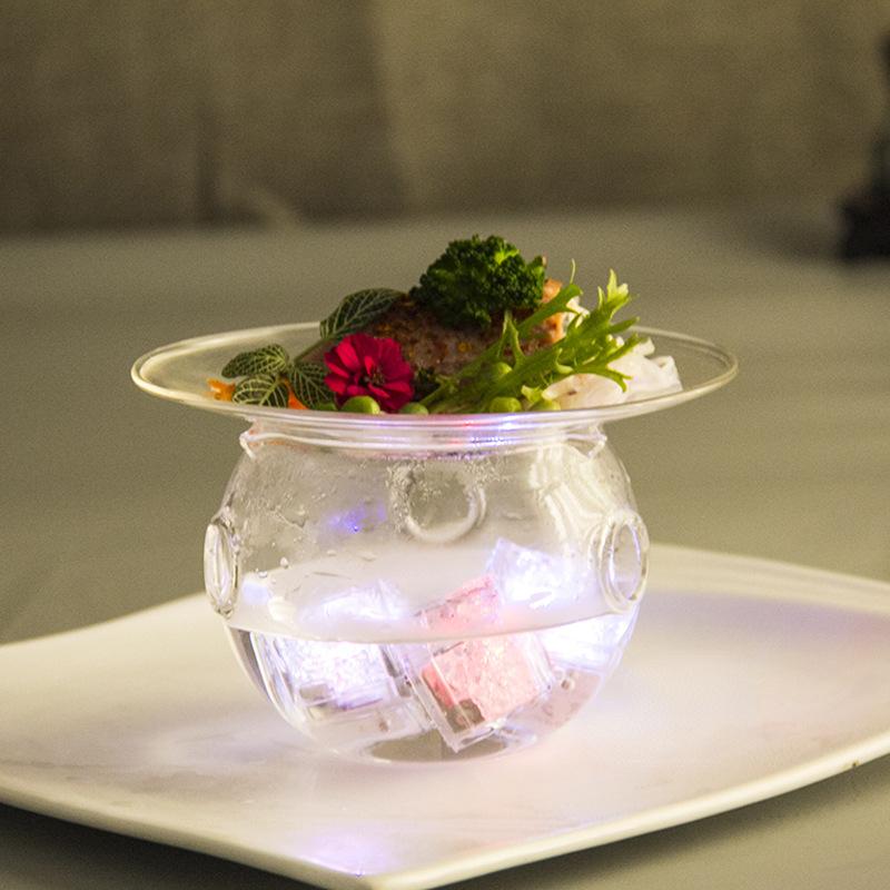 Dry Ice Glass Tray With 3 Holes Creative Kitchen Tableware Cooking Hollowware Artistic Conception Dishes Plates Fruit Salad Bowl