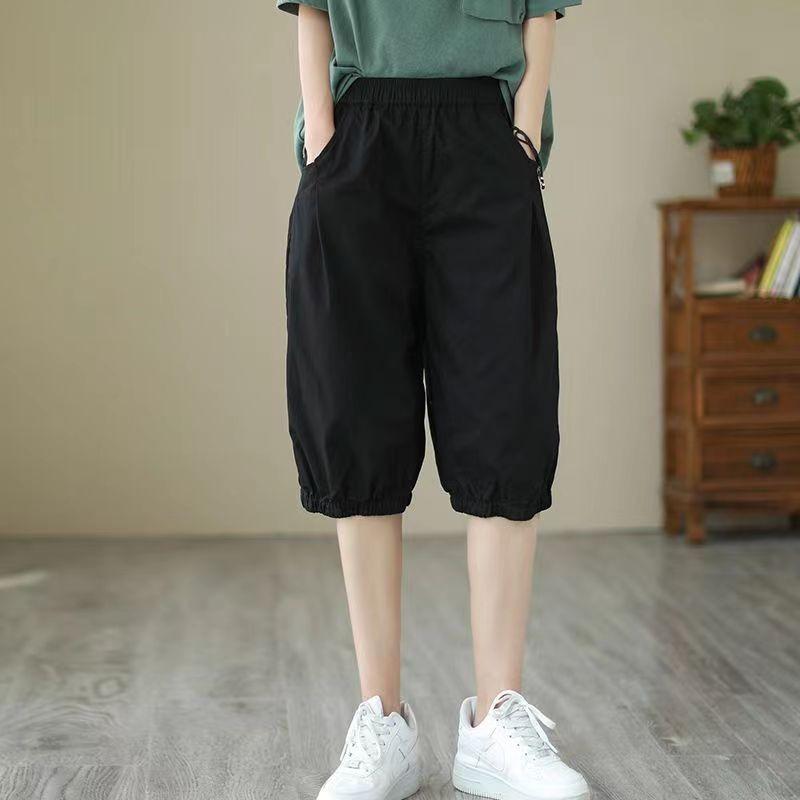 High Waist Elastic Waist Thin Cotton Harlan Pants Wide Leg Short Shorts Women Loose Plus Size Casual Pants