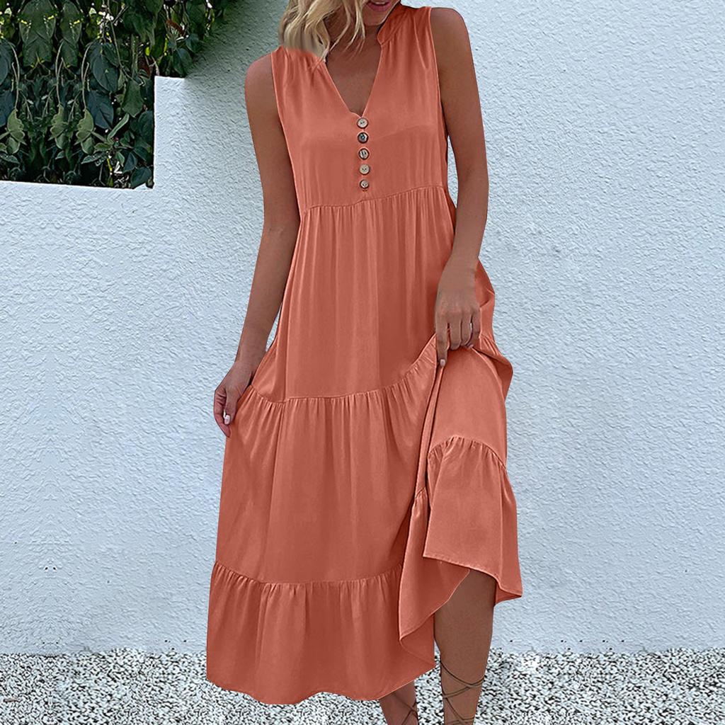 Women's Fashion Sleeveless Pleated Loose V-Neck Mid-Length Solid Colour Dresses