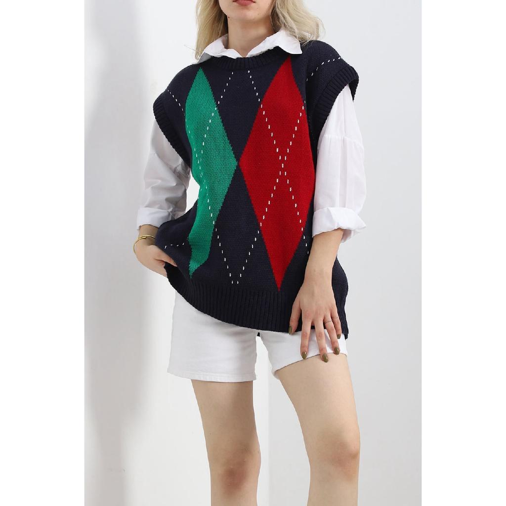 Crew Neck Ethnic Plaid Patterned Comfort Model Oversize Knitwear Sweater Long Sweater Hijab - 18593