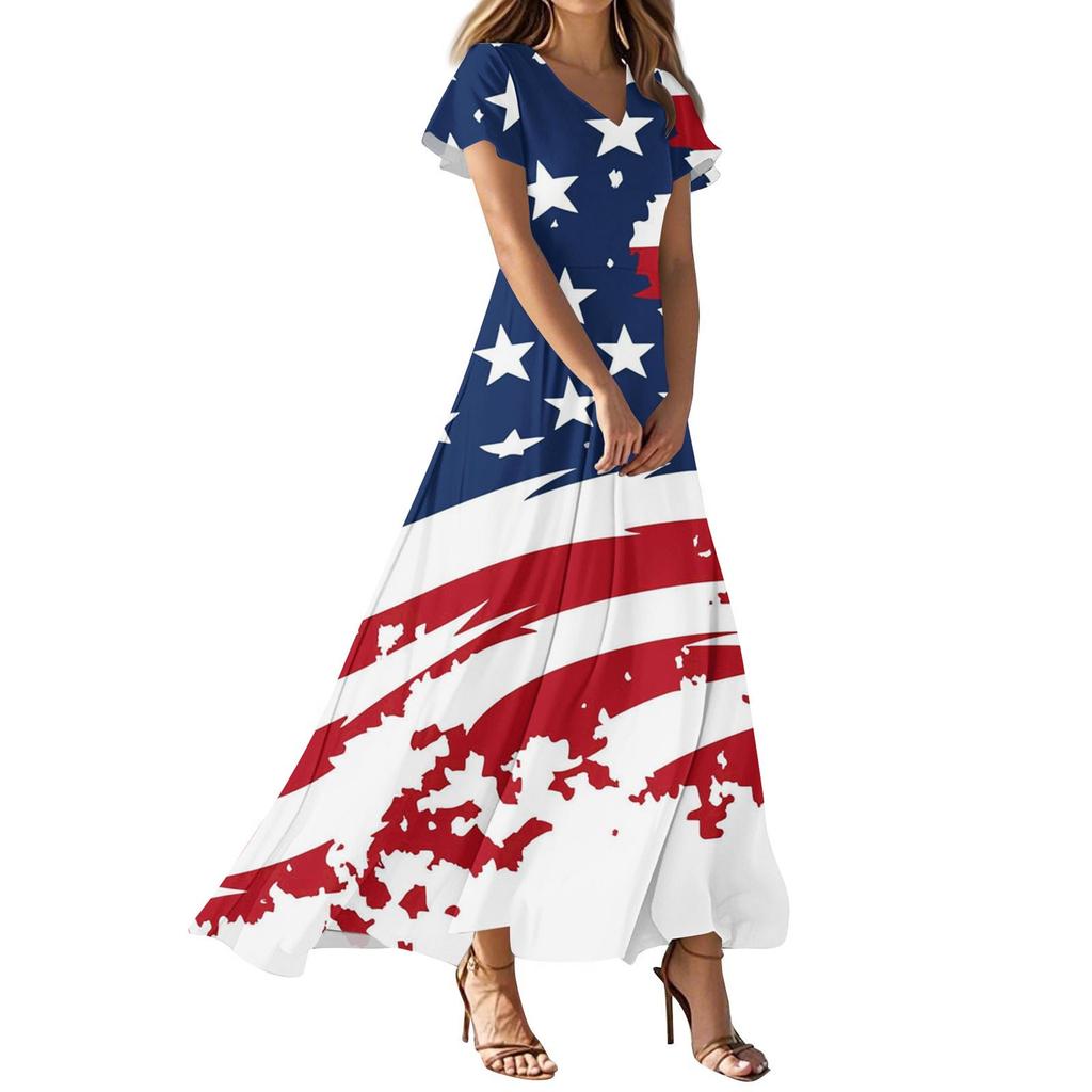 Женские повседневные модные платья с принтом ко Дню независимости, платья с коротким рукавом и V-образным вырезом