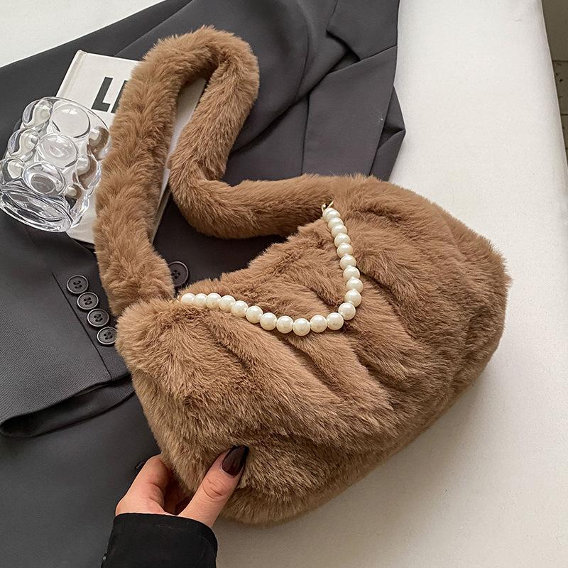 Lazy Plush Bag High-end Crossbody Bag Autumn and Winter Pearl Shoulder Bag Women Ins Fashion Cloud Bag