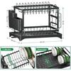 FUMITT Dish Drainer, Rust-Proof, Slim Dish Storage Rack - Large Capacity Kitchen Utensil, Multifunctional, Easy Assembly (Black, Automatic Drain [2-Ti
