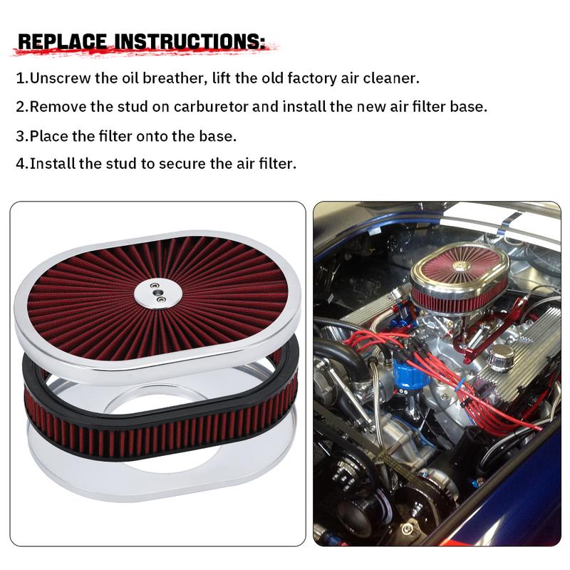 12"x2" Oval Air Cleaner Filter Assembly 5-1/8" Carb Neck w/ Flow-Thru Lid High Flow Chrome for GMC Chevy Ford Chryler Dodge