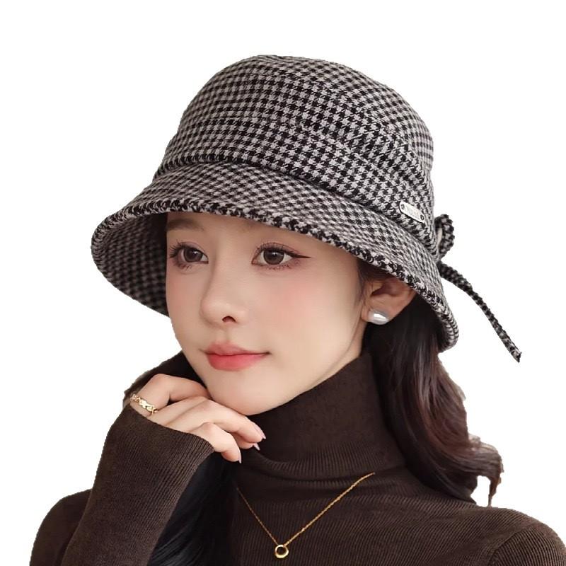 Autumn and winter new mother plaid fisherman hat fashionable and elegant temperament showing small face fashionable bow basin hat women