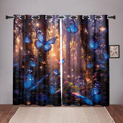 2 шт. Волшебные шторы с бабочками 3D Night Glow Forest Print Спальня Гостиная Декор Красочные насекомые Фэнтези Пейзаж