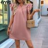 Женские модные летние весенние однотонные повседневные платья с v-образным вырезом и короткими рукавами и высокой талией