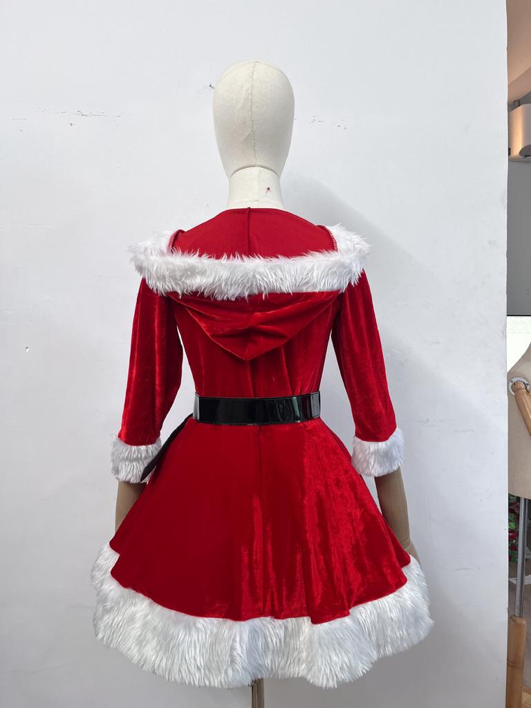 Рождественский костюм Санты для женщин, карнавальный набор, с капюшоном и V-образным вырезом (Красный зеленый), Сексуальное праздничное платье для острой девушки с поясом