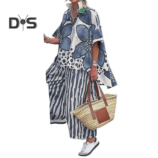 Женский комплект из двух предметов с цветочным принтом, свободный топ с коротким рукавом и широкими брюками, летний повседневный уличный стиль в стиле бохо