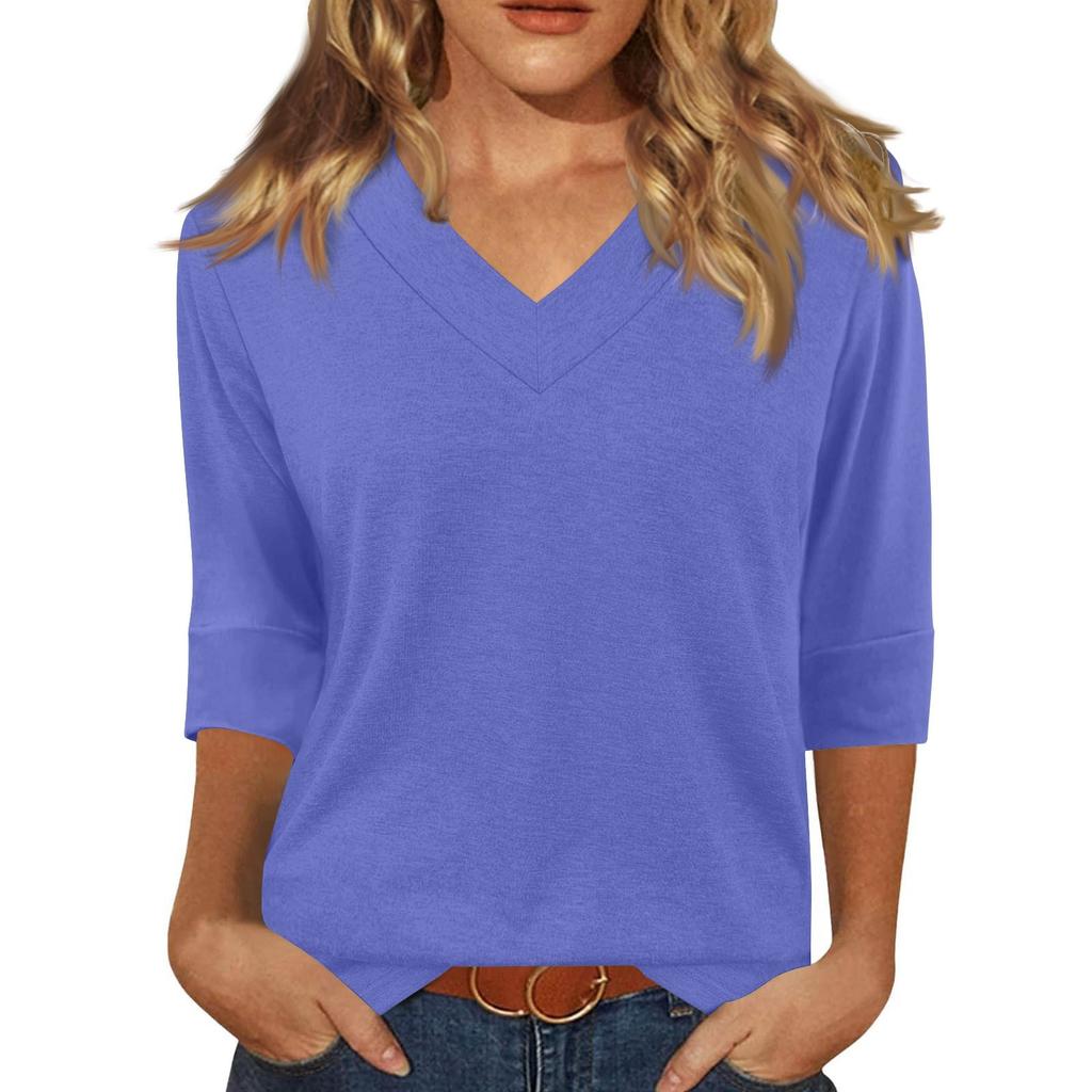 Women's Fashion Casual V Neck 3/4 Sleeve Loose Printed T-Shirt Ladies Top