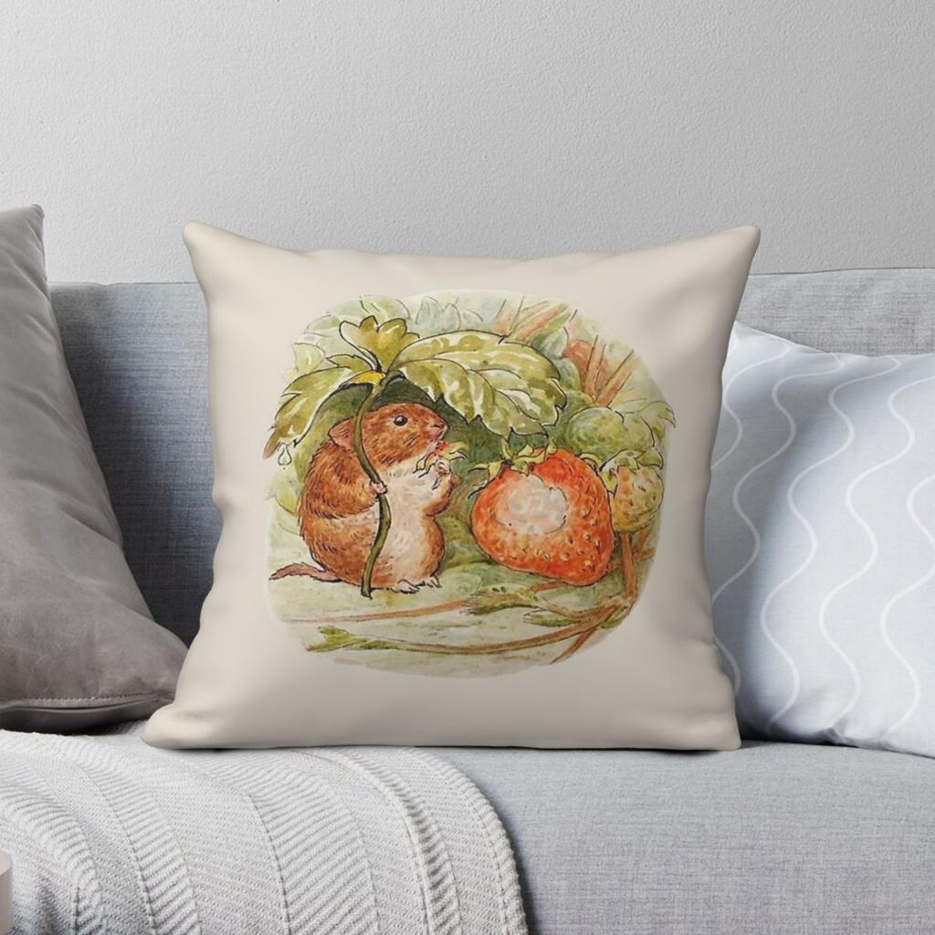 Cottagecore Mouse Scene Square Pillowcase Polyester Linen Velvet Pattern Zip Decorative Sofa Seater Cushion Case