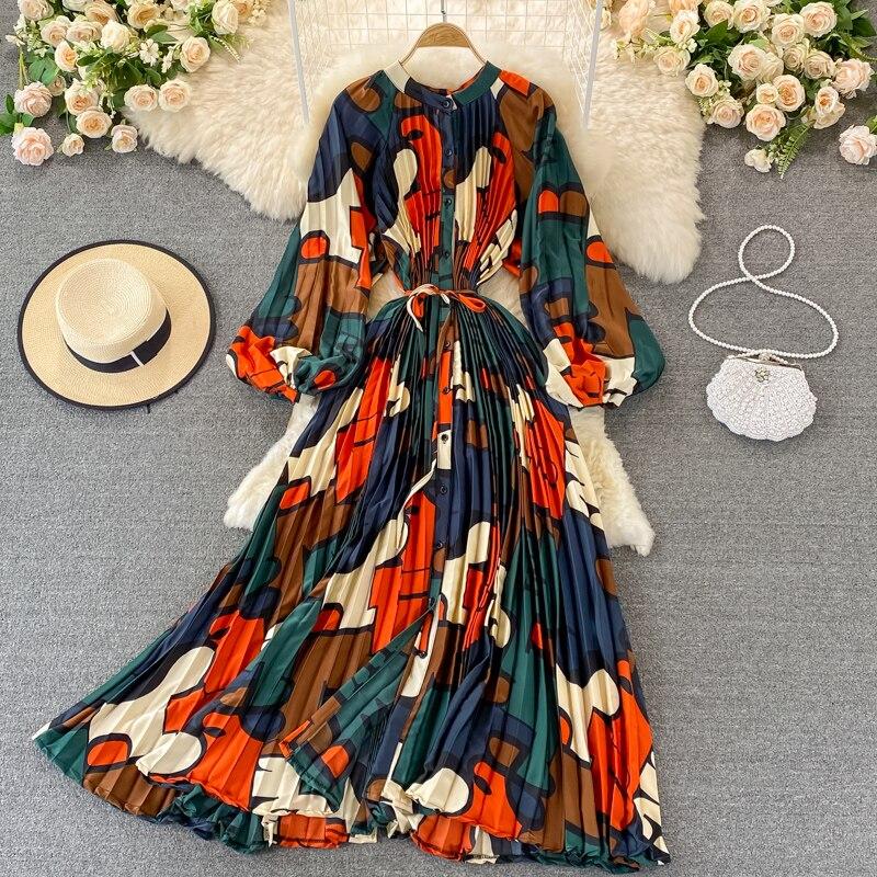 RUGOD 2024 весеннее свободное тонкое атласное однобортное плиссированное платье с круглым вырезом и длинными рукавами, элегантное легкое экстравагантное длинное платье