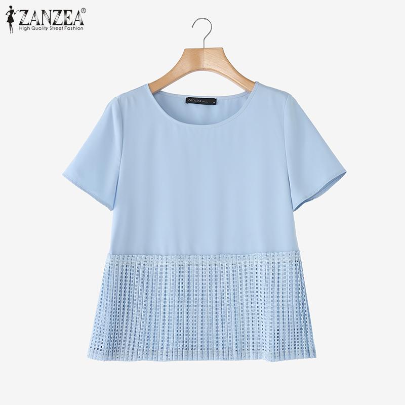 ZANZEA Women Casual Round Neck Summer Patchwork Short Sleeve Blouse