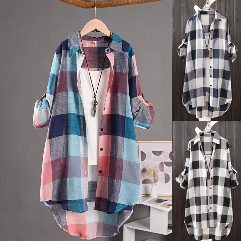 Ladies Long Sleeve Check T Shirt Linen Tops Baggy Top Plus Size Tee Blouse Dress