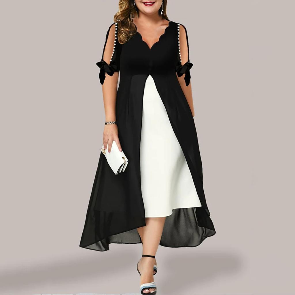 Women Plus Size 3/4 Sleeves V Neck Chiffon Panel Contrast Cocktail Semi Formal Play Dress