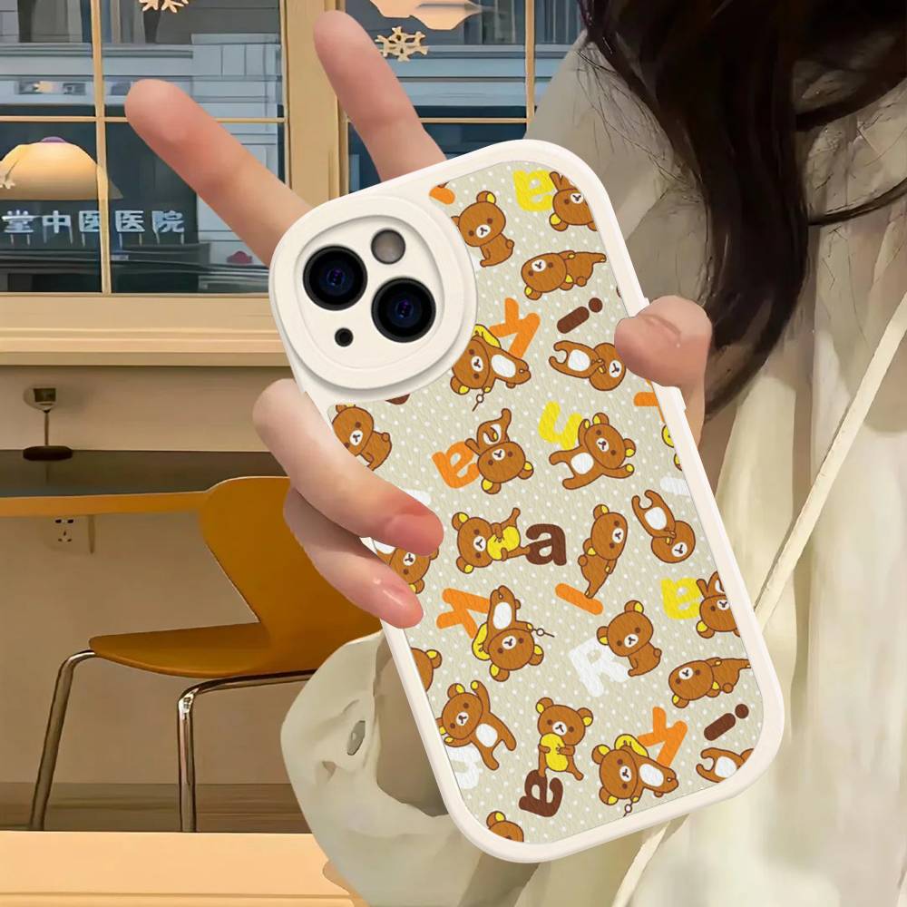Мультяшный чехол для телефона с мишкой Рилаккума для iPhone 16 15 14 13 12 11 Pro Max Plus Ударопрочный кожаный чехол