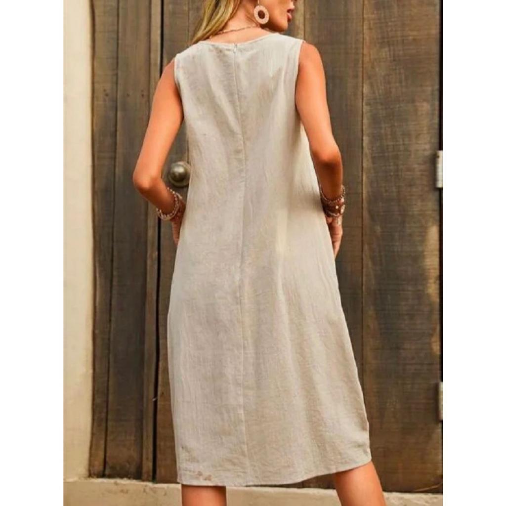 2025 Новое женское платье из хлопка и льна без рукавов, однотонное свободное платье с U-образным вырезом, повседневное