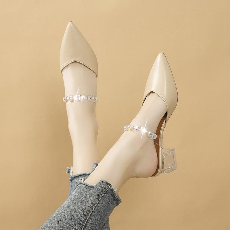 Мода 2024 Лето Новые остроносые однотонные прозрачные ленточные жемчужные тапочки с неглубоким носком для женщин Простые и удобные высокие каблуки
