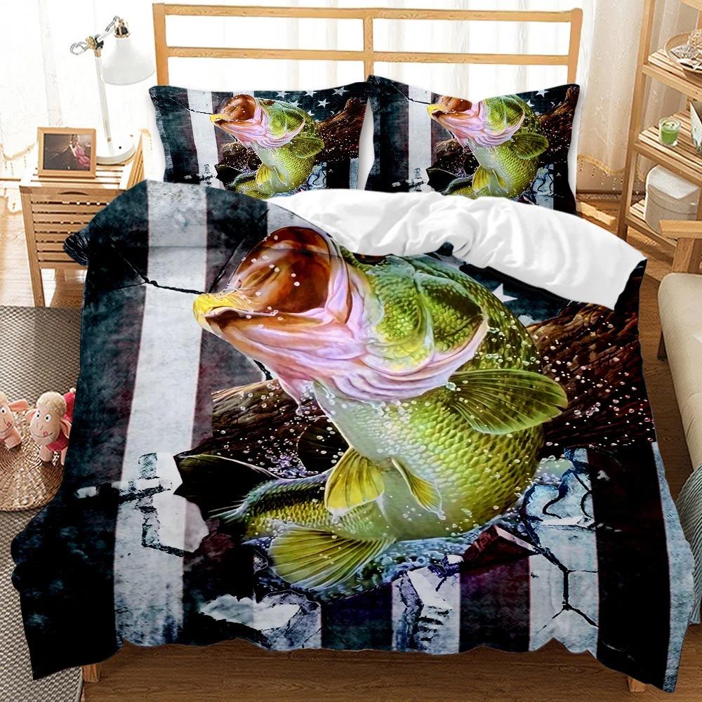 3D Printed Big Pike Fishing Hunting Bedding Set Fishing Duvet Cover Double Twin Full Queen King Adult Kids Bedclothes Quilt Cove