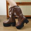 Fashion New Western Embroidered Cuff High Top CowGirl Boots Thick Bottom Waterproof Female Boots Round Toe Mid Heel Pure Color Rubber So