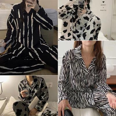 Полосатый летний кардиган пижама женская черная с длинными рукавами Senior Sense of из двух частей домашняя одежда