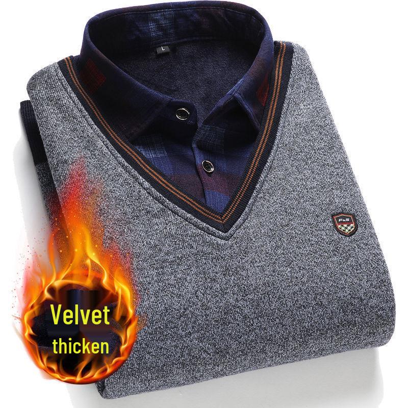 Мужской флисовый двухпредметный свитер с воротником-рубашкой для среднего и пожилого возраста