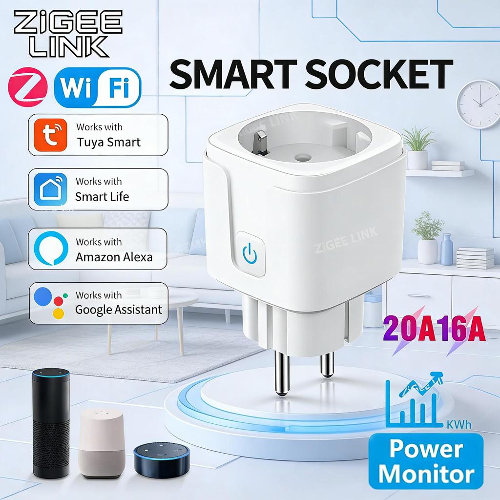 Компактная умная розетка с поддержкой WiFi и ZigBee, нагрузка 16А/20А, мониторинг энергопотребления и голосовое управление