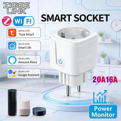 Умная вилка Tuya WiFi/ZigBee EU 16A/20A Сверхмощная розетка с монитором мощности, таймером, дистанционным голосовым управлением для водонагревателя, кондиционера, бытовой техники