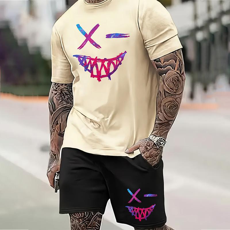 Мужской костюм, летний повседневный дышащий освежающий костюм с принтом 3D Evil Face, большой мужской свободный топ, модный с короткими рукавами