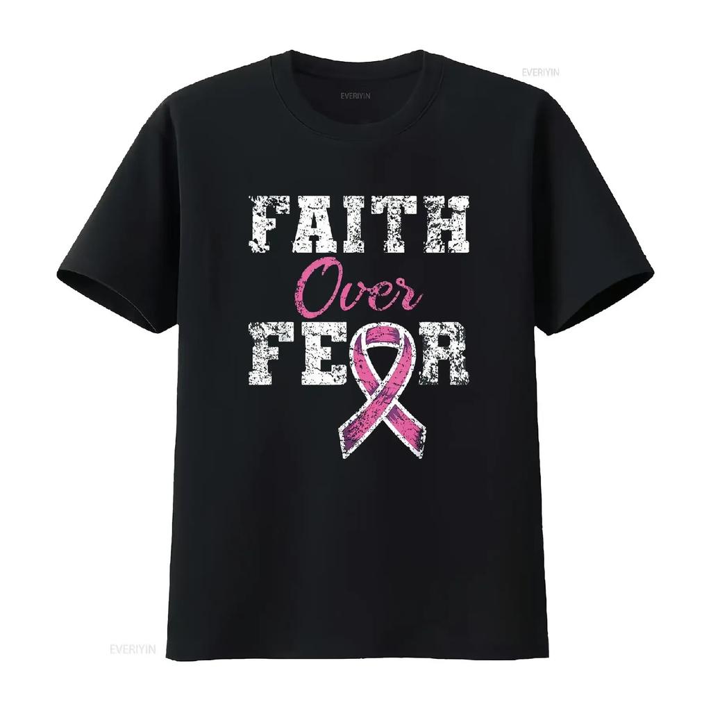 Womens T Shirt Faith Over Fear Breast Cancer Awareness Black 2XL vintage Washed homme Top For Everyday Wear Stretched Unisex