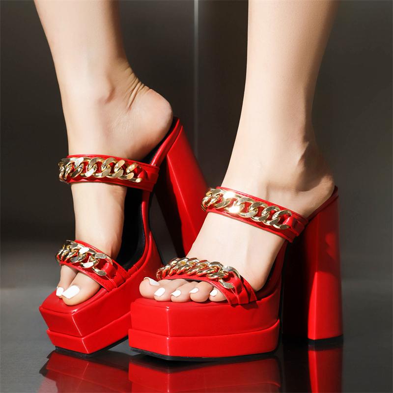 Sexy High Heels Women Slippers Platform 2025 Summer Slides Mules Shoes Party Dance Chain Black Red Sandals Large Size Brand