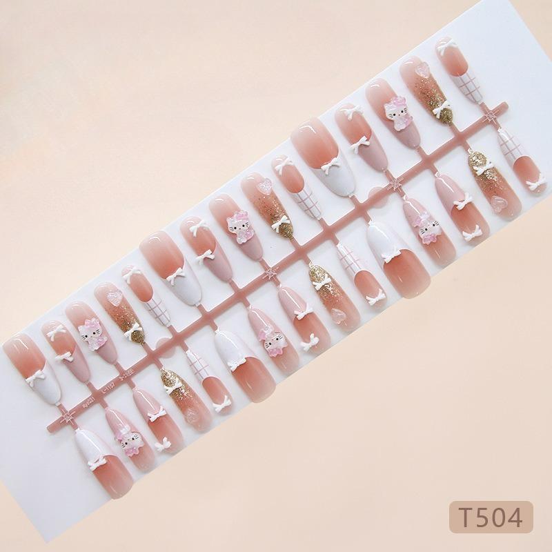 Glitter Plaid Animal Bow Long Almond Press On Nails Cute Sweet French For Ladies 30pcs Box & Strip Non Cosmetic Nail Decor