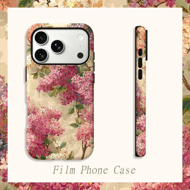 Romantic Classic Pink Lilac Floral Pattern Art Film Aesthetic Protective Shockproof Bumper Phone Case Cover For iPhone 14 15 16 Pro Max Plus