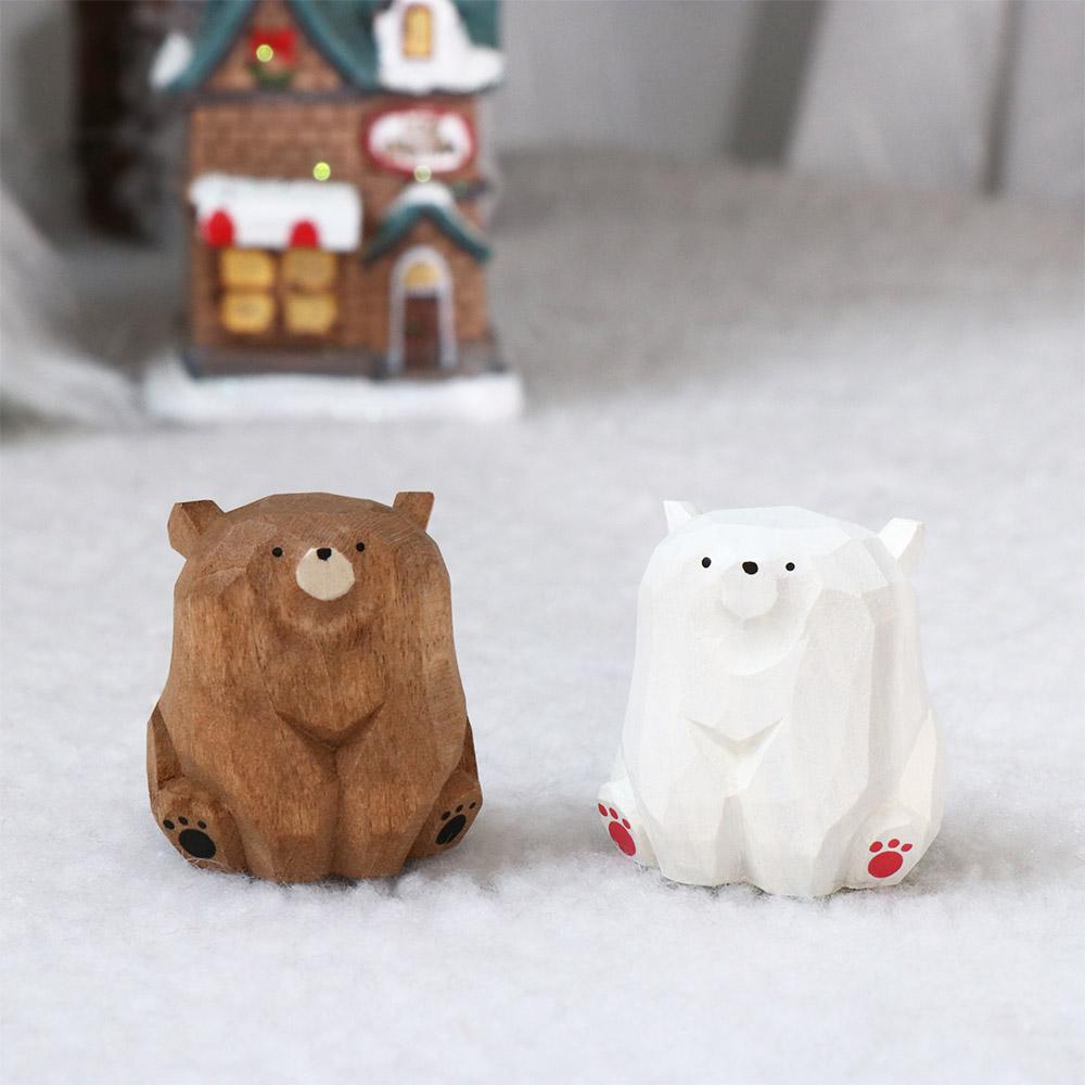 Cute Wooden Bear Figurines Solid Wood Mini Bear Statue Creative Polar Bear Ornament  Car