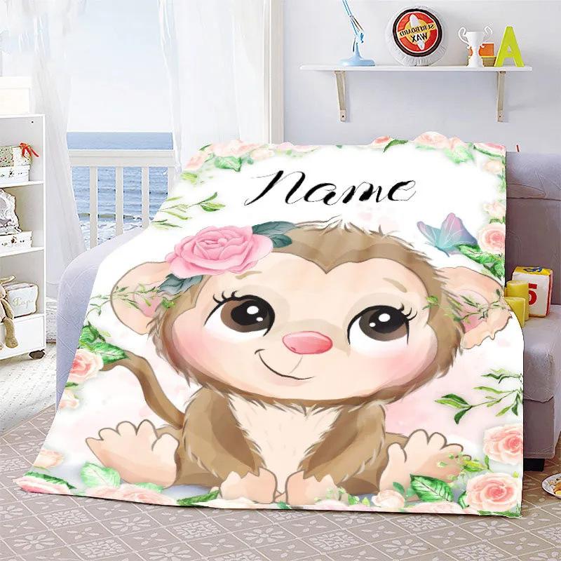 Personalized Name Blanket Cartoon Animal Digital Print Flannel Blanket Fun Gift Blanket