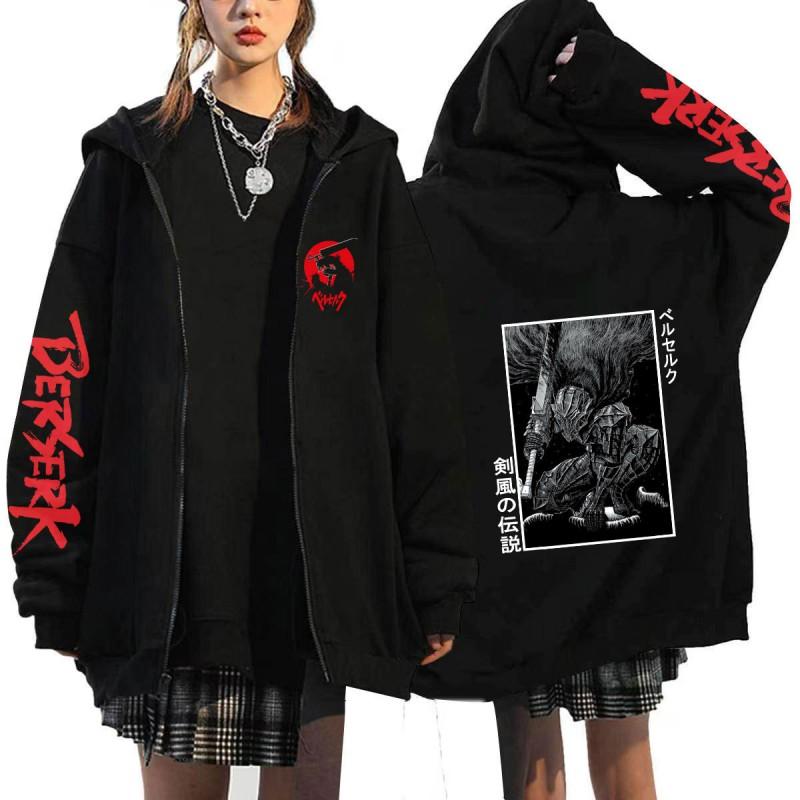Худи на молнии с капюшоном из аниме Berserk для мужчин, оверсайз, с флисовой подкладкой, с кулиской, капюшоном, боковыми карманами