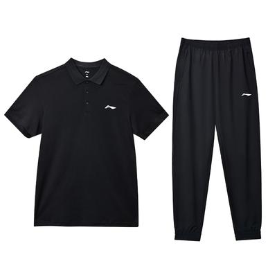 Li Ning Однотонный Дышащий Прямого Кроя С Коротким Рукавом Поло Быстросохнущий Эластичная Талия Длинные Брюки Повседневный Спортивный Костюм Мужской Костюм Черный YPLU073-2+AYKT415-1