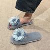 One-word Warm Flat-bottomed Flower Slippers 2025 Autumn and Winter Sweet Home Casual Fluffy Slippers Comfortable Cotton Slippers Women