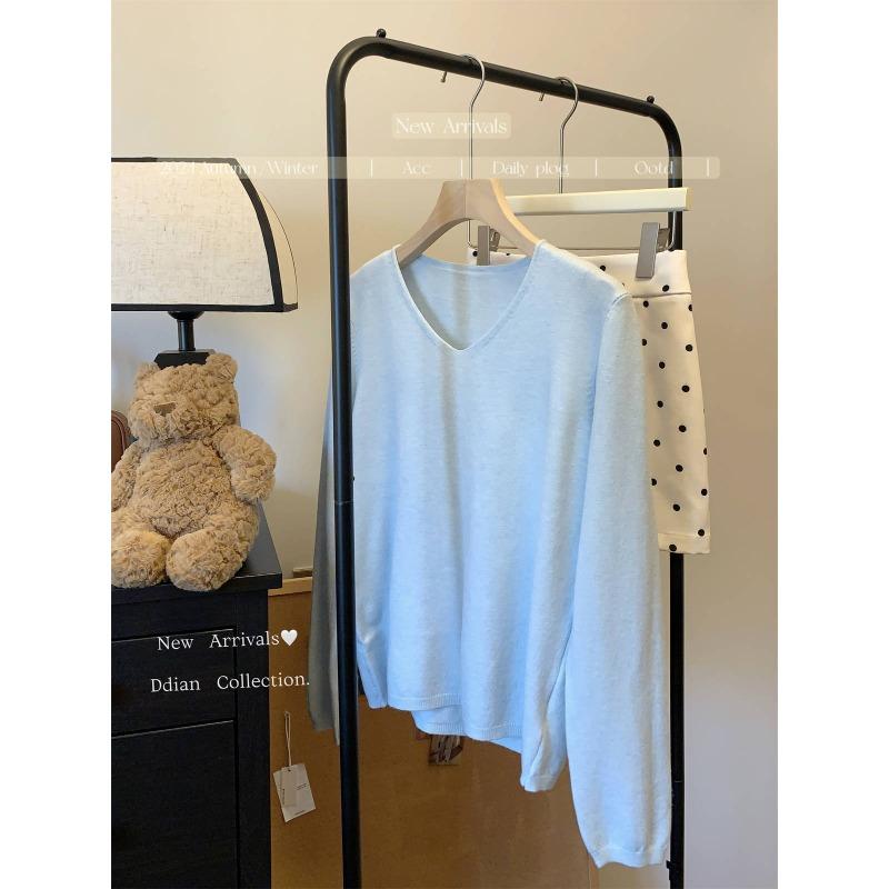 Повседневный темпераментный воротник свободный трикотажный свитер с длинным рукавом женский осенний новый тонкий легкий профессиональный стиль внутренний топ